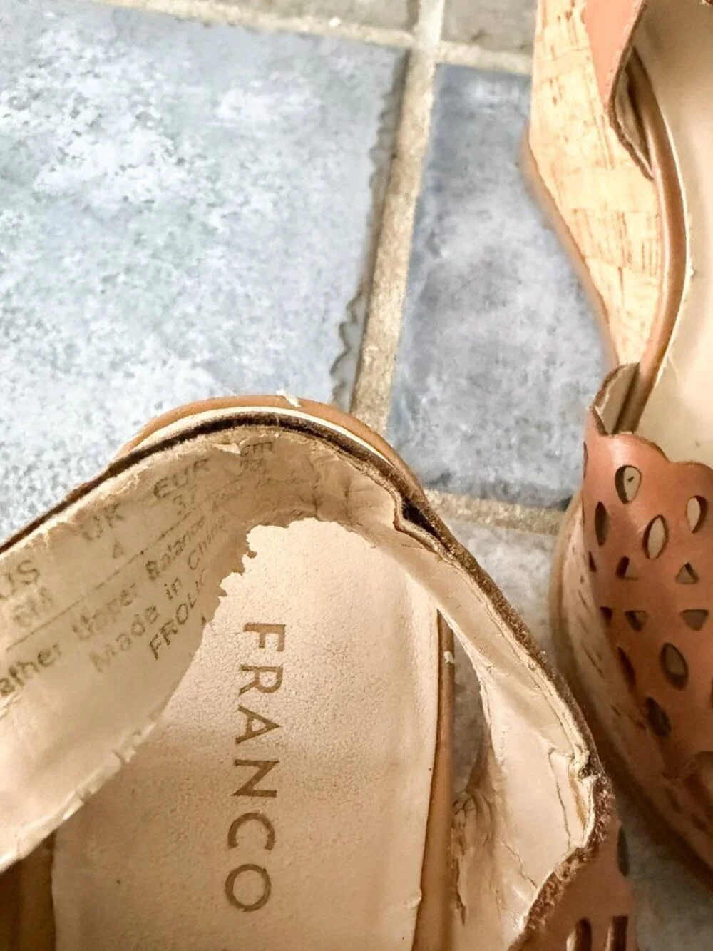 Franco Sarto Brown Tan Leather Cork Wedge Sandals Laser Cut Womens 6